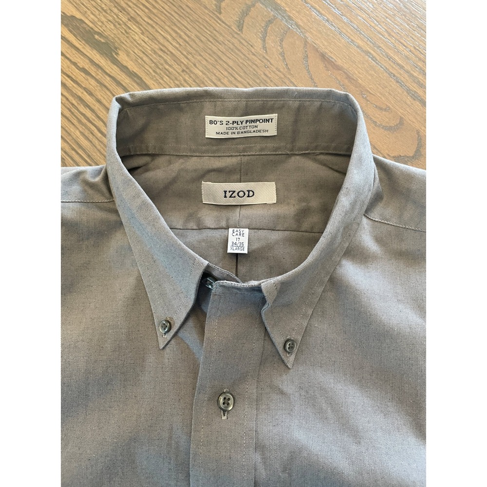 IZOD Mens Dress Shirt Gray 80s 2-Ply Pinpoint Cotton Button Down 17 34/35 XL NWT - Picture 3 of 4